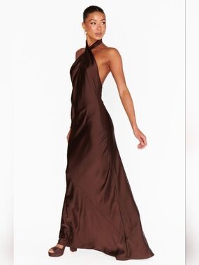 Show Me Your MuMu Chocolate Brown Backless Halter Satin Gown